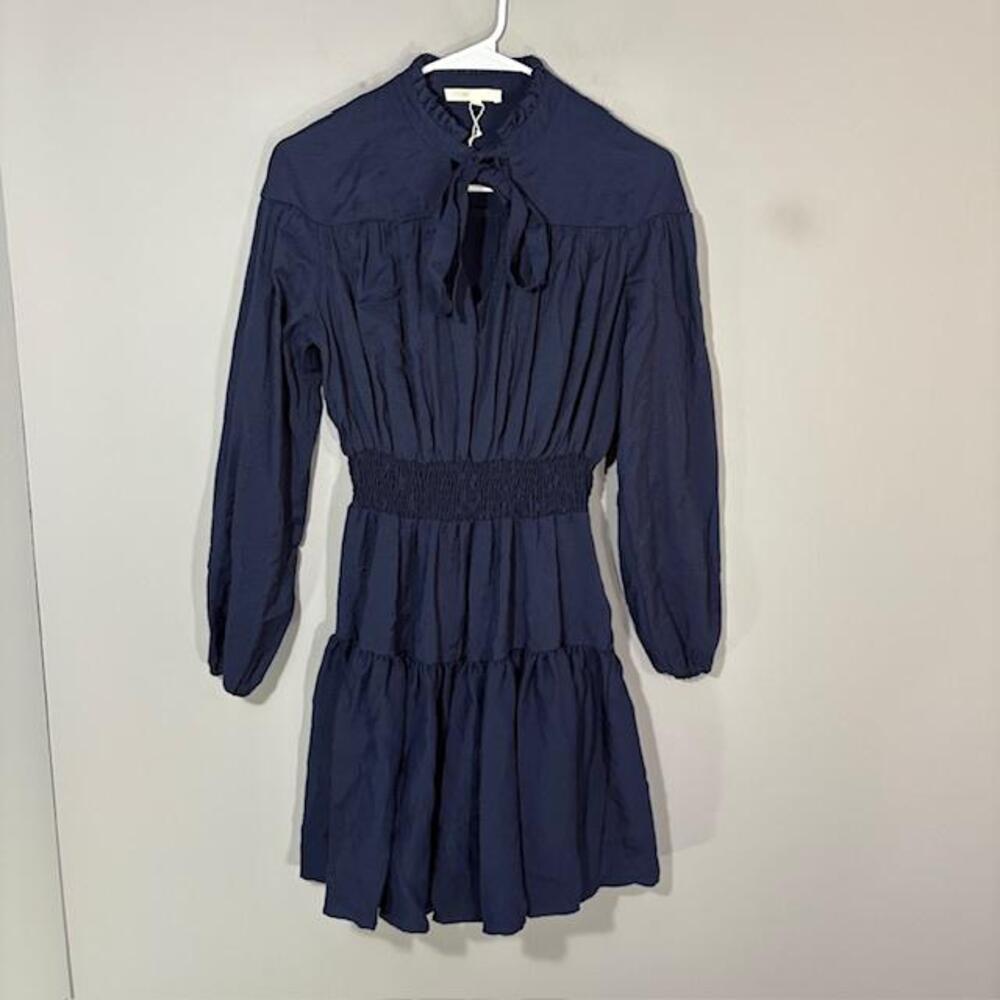 Maje Dress Womens 2 Blue Smocked Mini Fit Flare Long Sleeve Ruffle High Neck